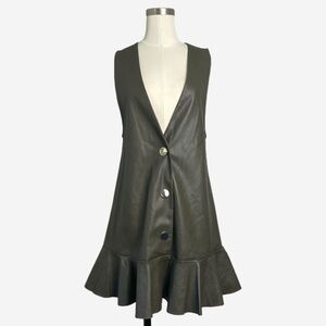 Zara NWOT olive green faux leather ruffle hem mini pinafore dress fall retro S